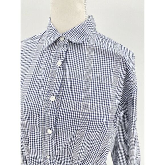 Pixie Market Blouse Sz M Blue Gingham Striped Collared Long Sleeve Ruched Peplum - Picture 2 of 7